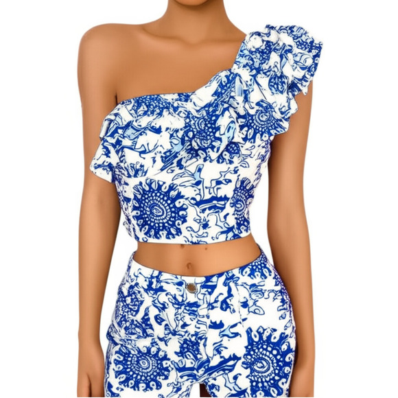 SHEIN Tops - NWT SHEIN Womens Size L Blue White One Shoulder Ruffle Crop Top Floral Chic
